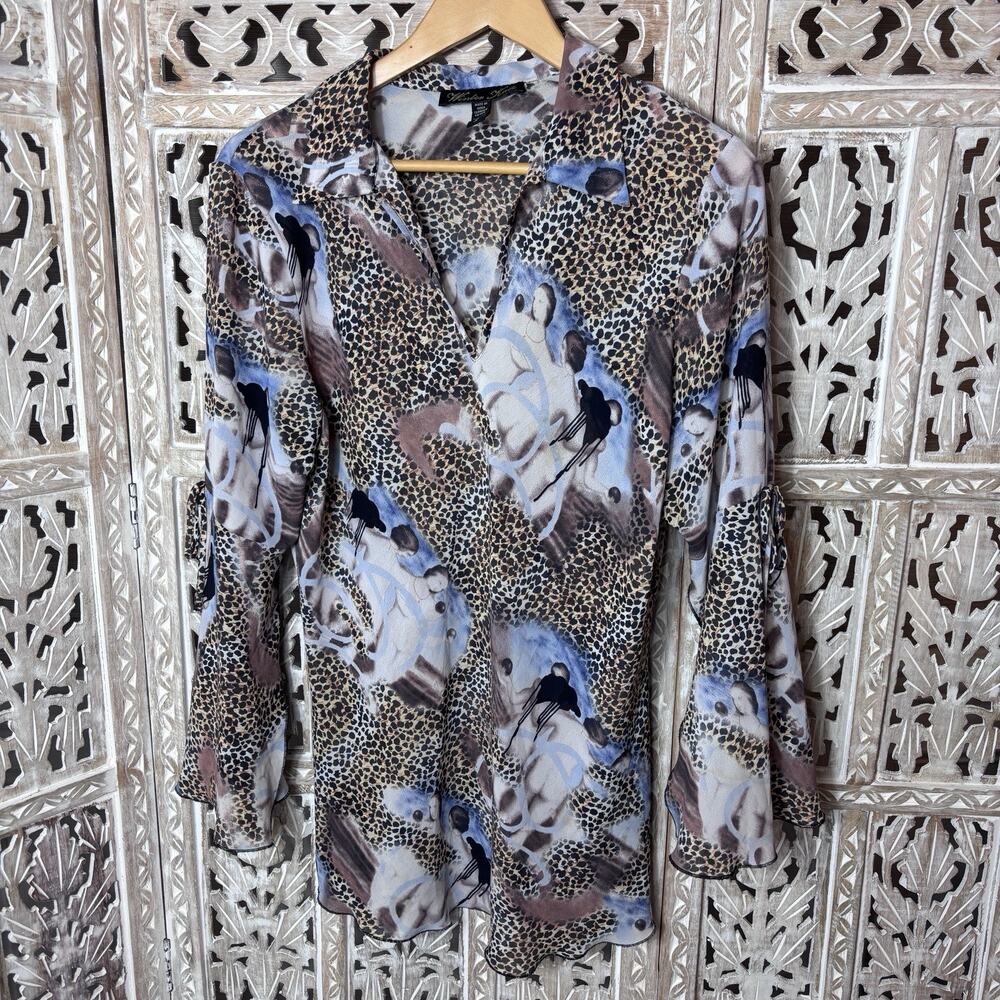 Winter Kate V-Neck Leopard Abstract Patterned Bell Flutter Sleeve Blouse Boho S